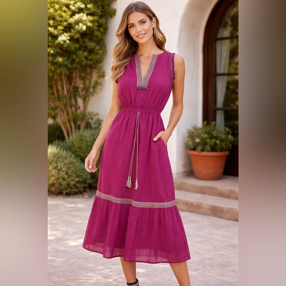 Chelsea & Violet 100% Cotton Embroidered Trim Boho Purple Maxi Dress NWT XSmall